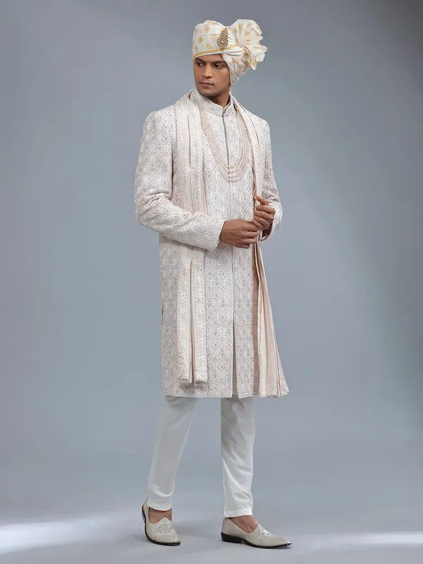 Awesome light peach raw silk sherwani for groom