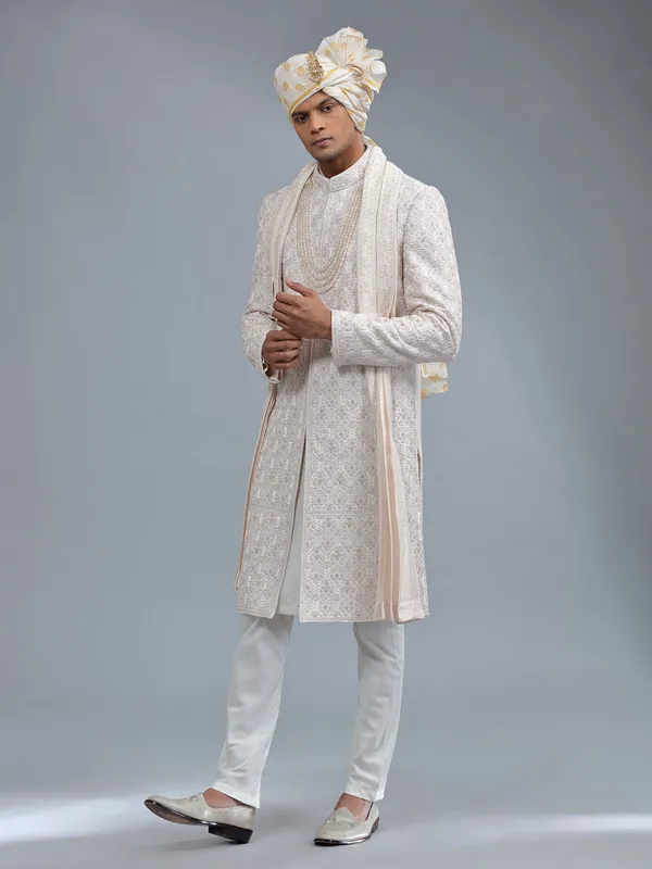 Awesome light peach raw silk sherwani for groom