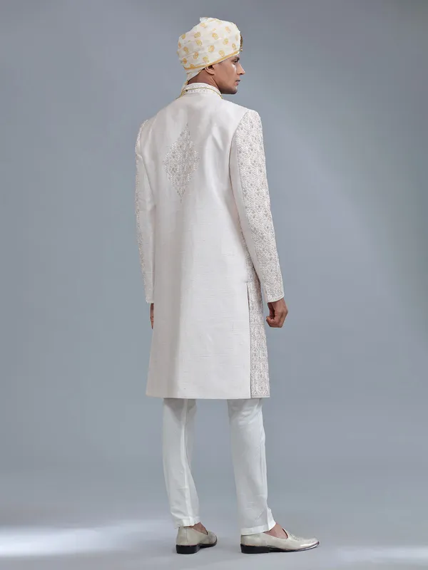 Awesome light peach raw silk sherwani for groom