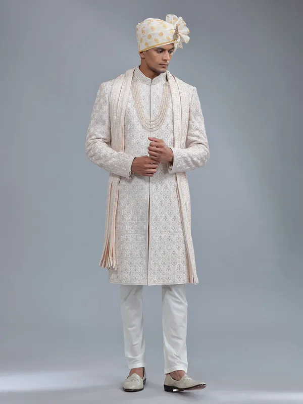 Awesome light peach raw silk sherwani for groom