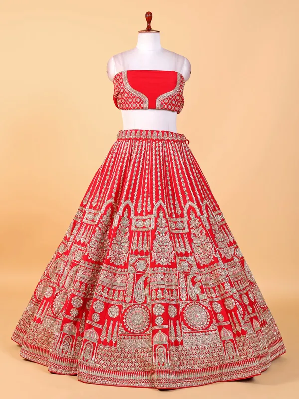 Awesome raw silk red unstitched lehenga choli