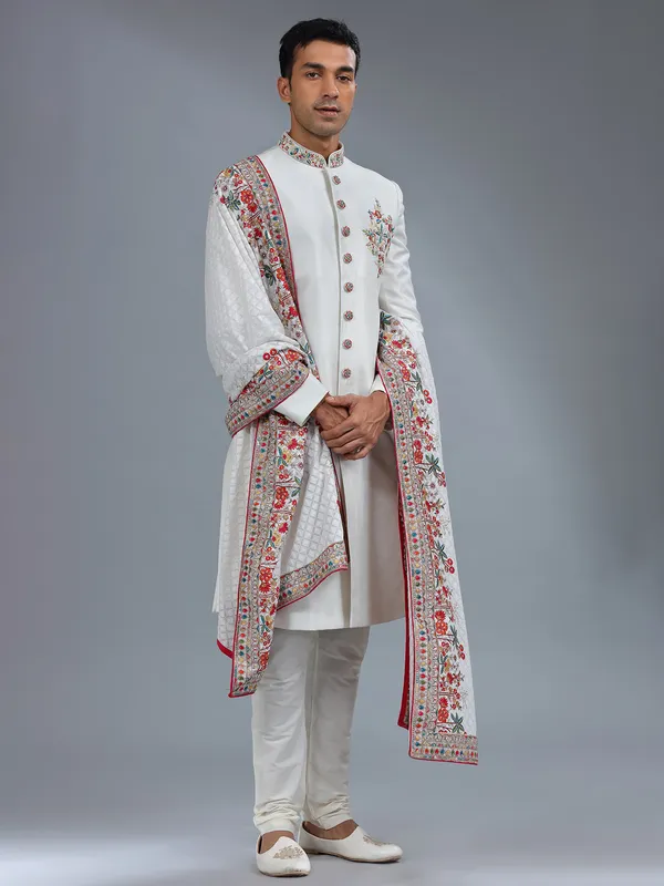 Awesome white silk sherwani for wedding