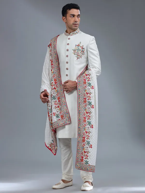 Awesome white silk sherwani for wedding