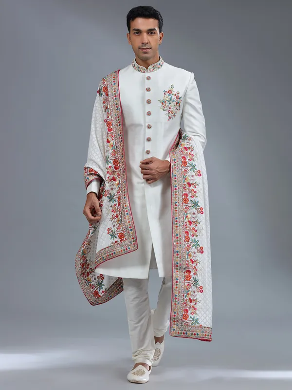 Awesome white silk sherwani for wedding