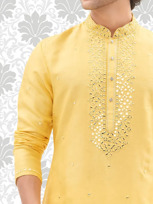 Awesome yellow cotton silk kurta set for men