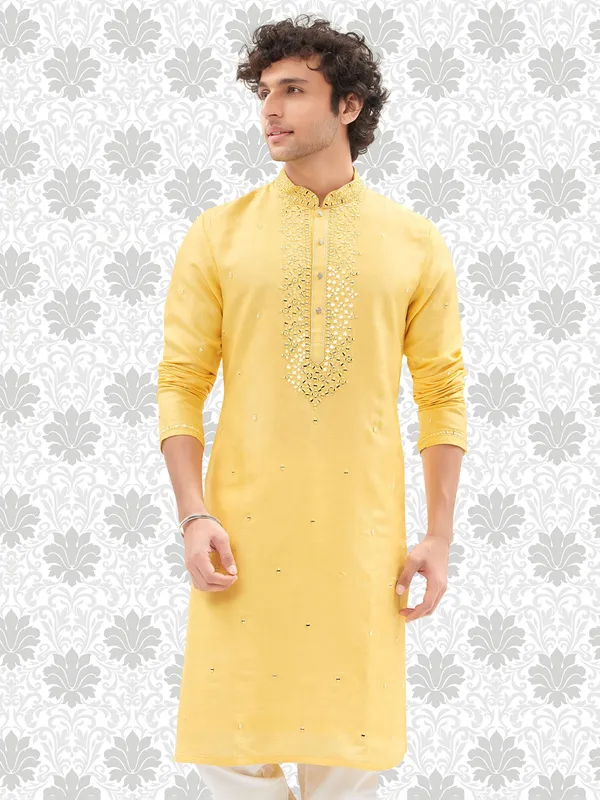 Awesome yellow cotton silk kurta set for men
