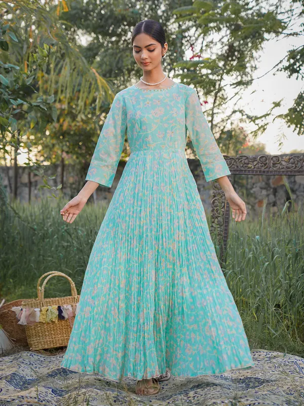 Baby blue printed kurti in cotton