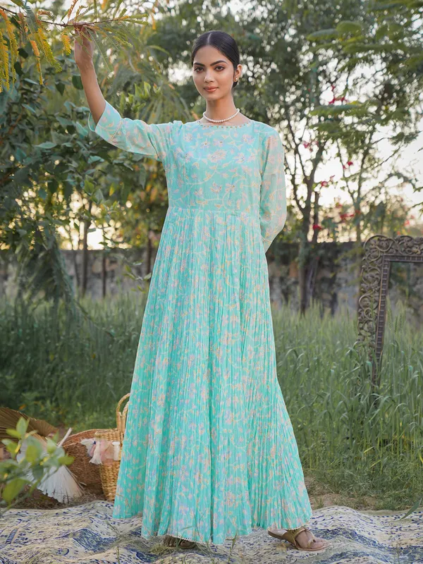 Baby blue printed kurti in cotton