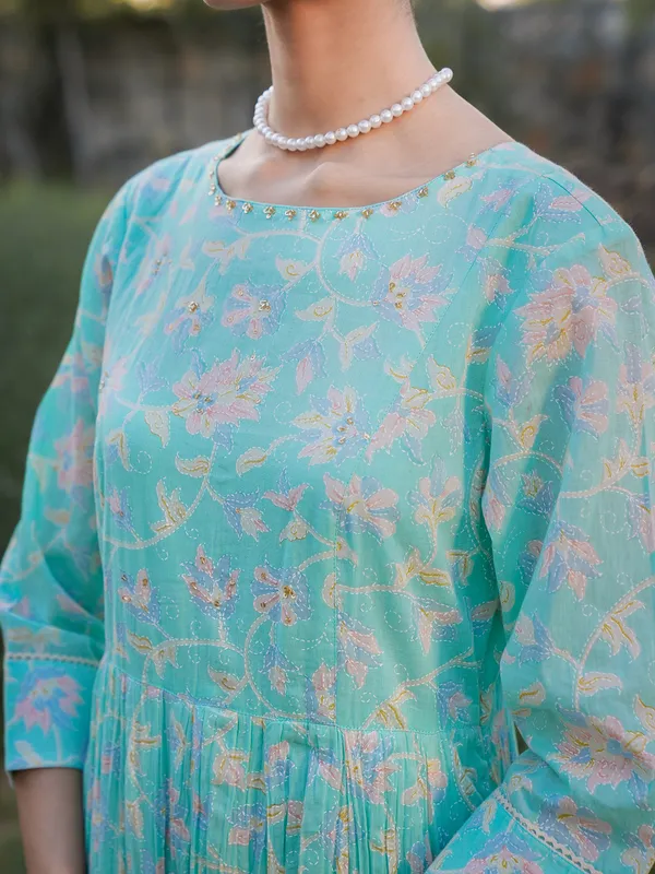 Baby blue printed kurti in cotton