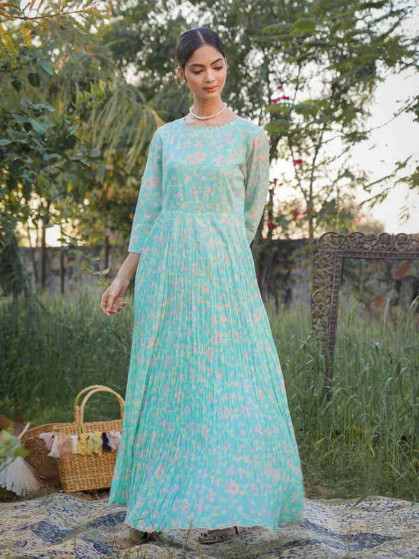 Baby blue printed kurti in cotton