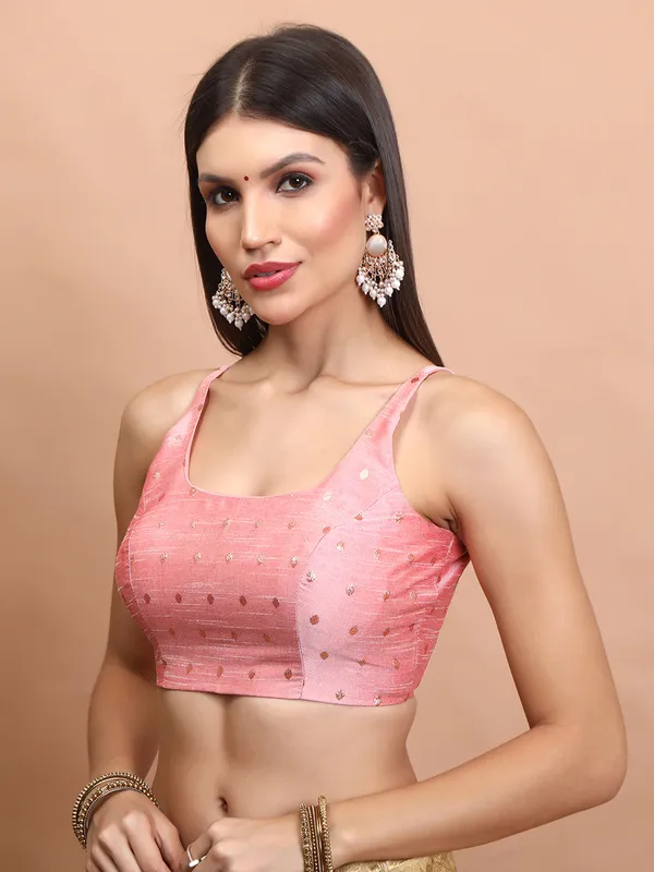 Baby pink brocade zari weaving ready made blouse