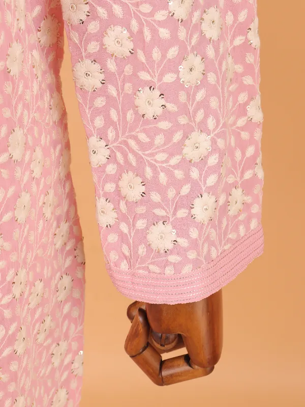 Baby pink embroided cotton kurta set for men