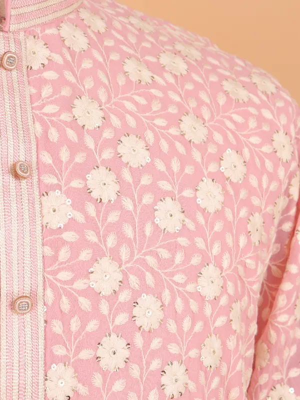 Baby pink embroided cotton kurta set for men