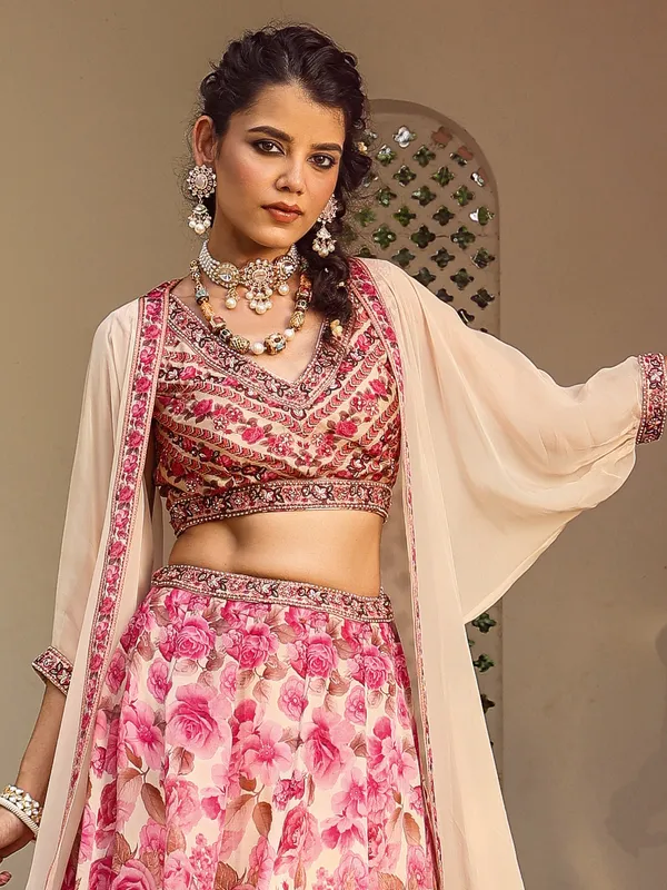 Baby pink floral printed satin lehenga choli