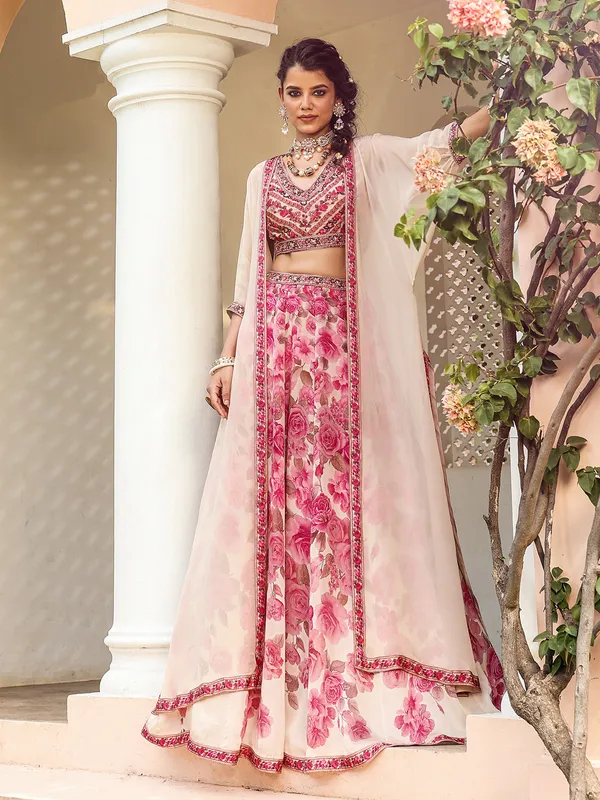 Baby pink floral printed satin lehenga choli