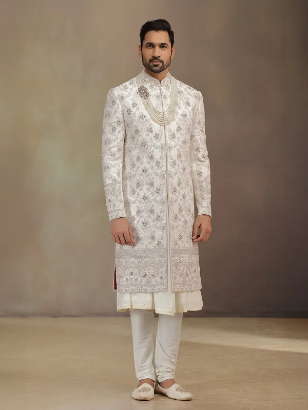 Baby pink peshwa groom sherwani in premium silk