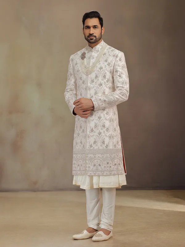 Baby pink peshwa groom sherwani in premium silk