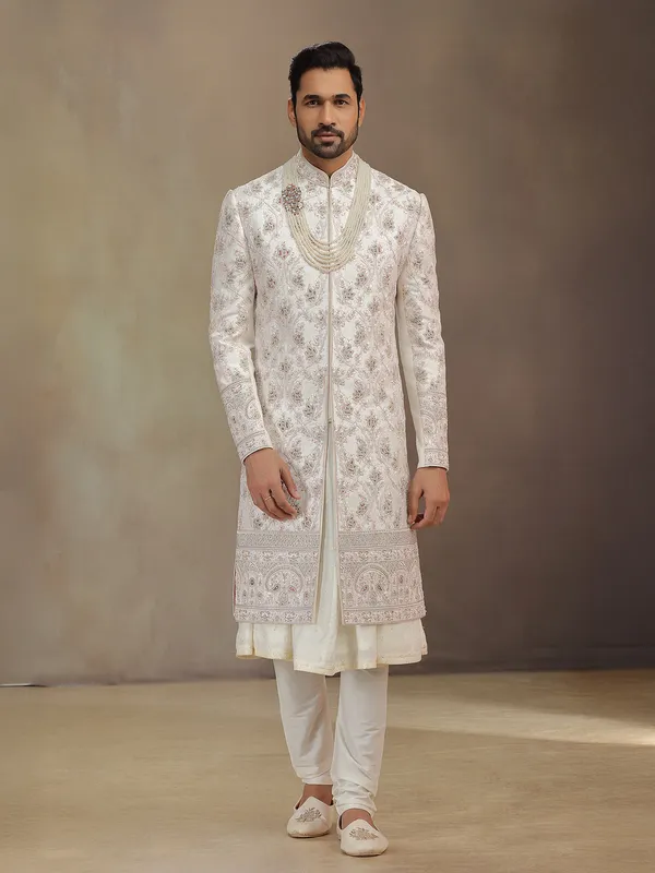 Baby pink peshwa groom sherwani in premium silk