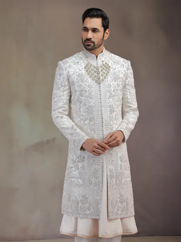 Baby pink peshwa silk groom sherwani