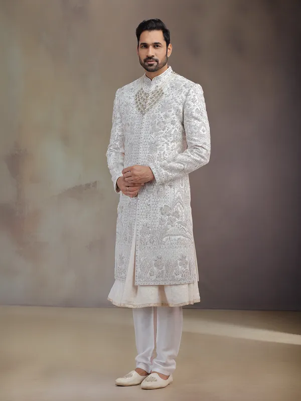 Baby pink peshwa silk groom sherwani