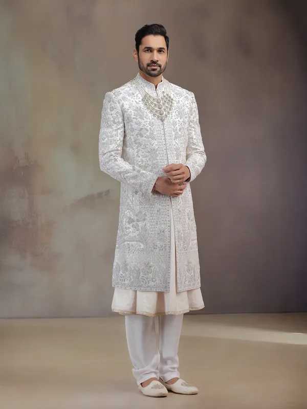 Baby pink peshwa silk groom sherwani