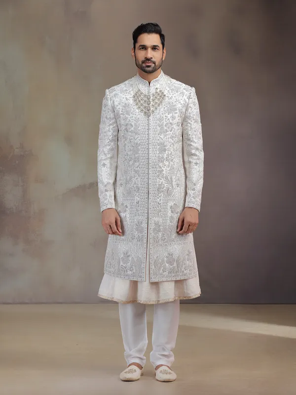 Baby pink peshwa silk groom sherwani