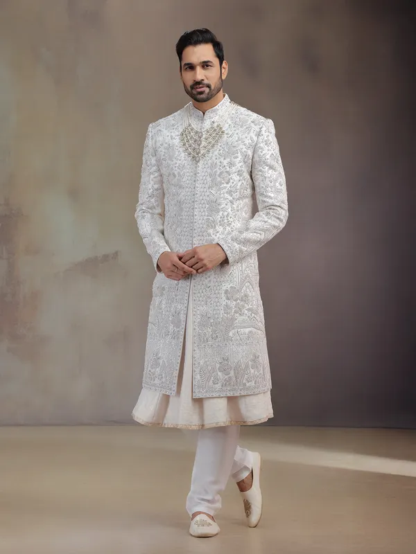 Baby pink peshwa silk groom sherwani