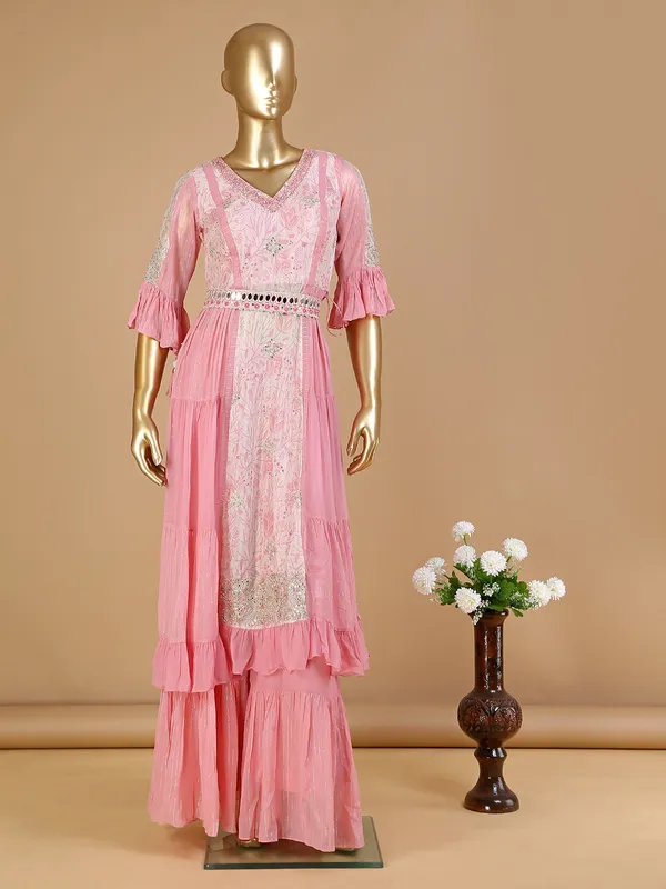 Baby pink printed georgette palazzo suit