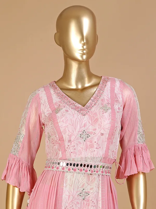 Baby pink printed georgette palazzo suit
