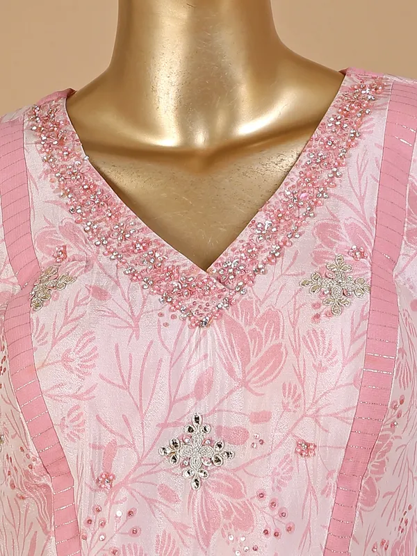 Baby pink printed georgette palazzo suit