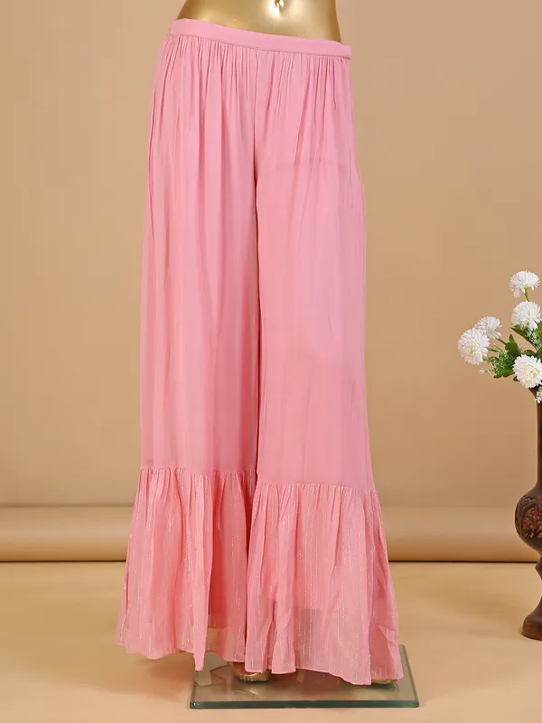 Baby pink printed georgette palazzo suit