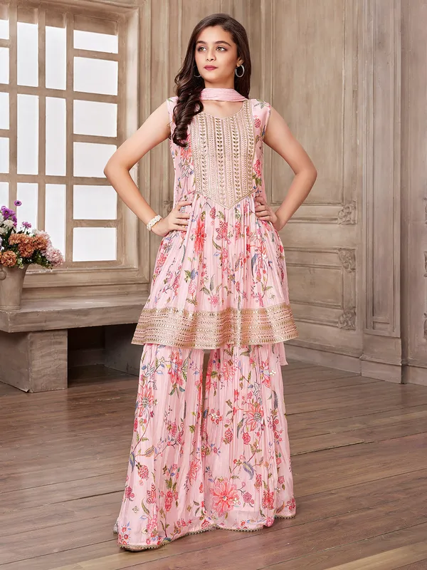 Baby pink printed silk sharara suit