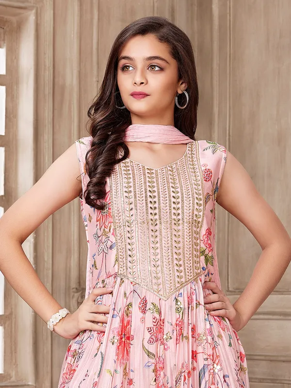Baby pink printed silk sharara suit