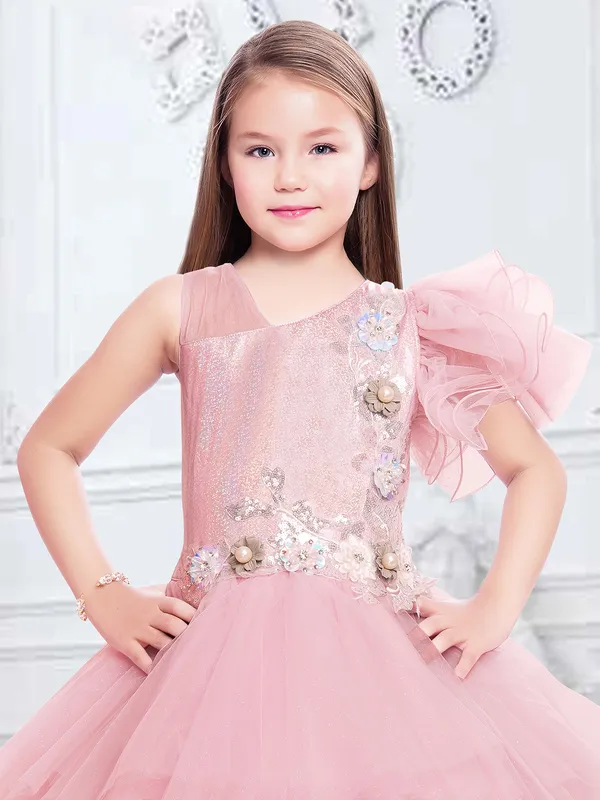 Baby pink rich net party and reception gown