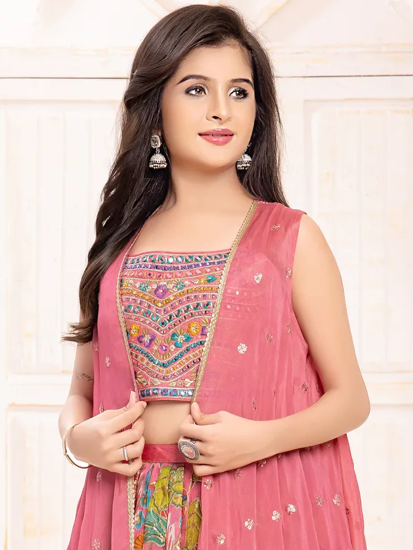 Baby pink silk lehenga choli with shrug style