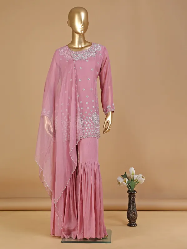 Baby pink tissue silk sharara suit