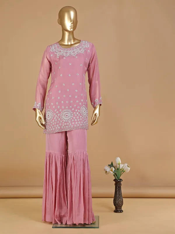 Baby pink tissue silk sharara suit