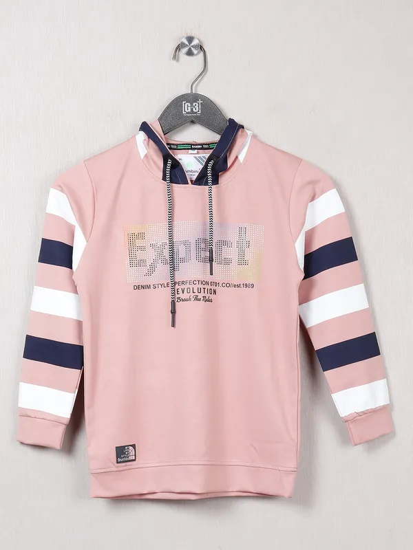 Bambini peach cotton printed hooded t shirt
