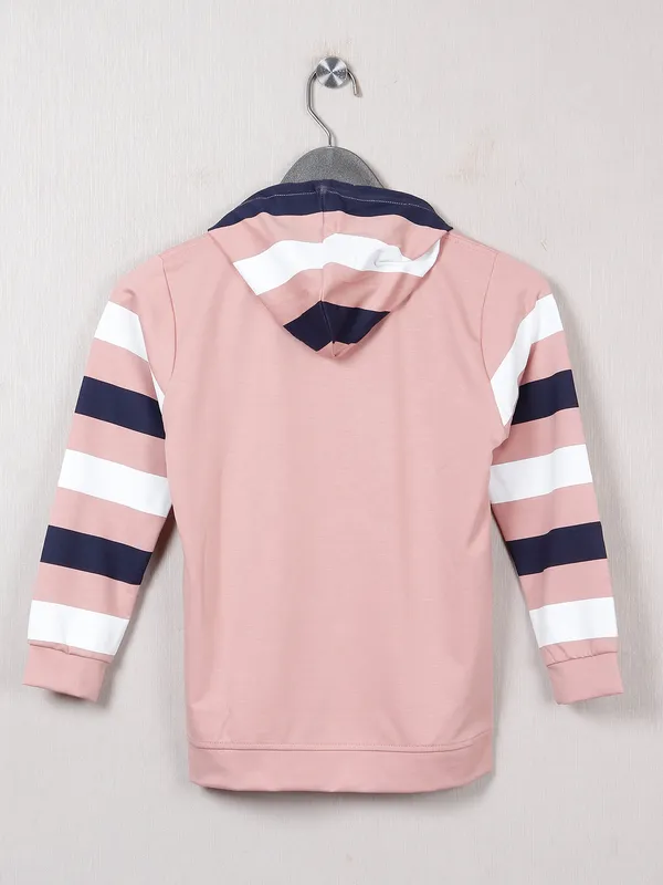 Bambini peach cotton printed hooded t shirt