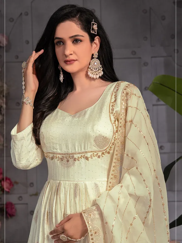 Banarasi silk cream anarkali suit for wedding