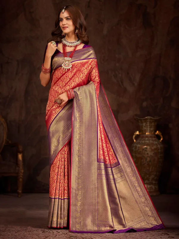 banarasi silk red saree with contrast border