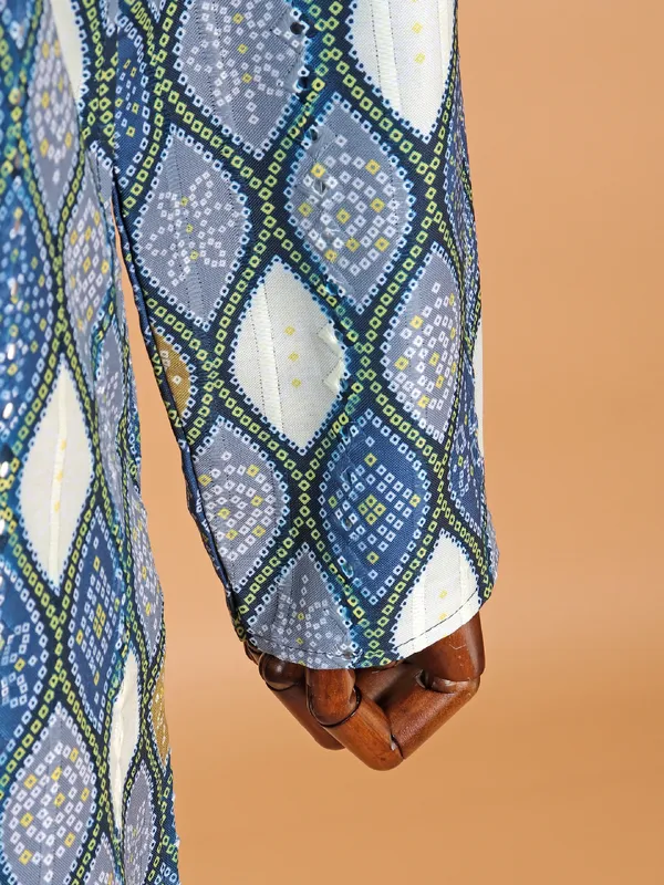 Bandhani print blue cotton kurta suit for men