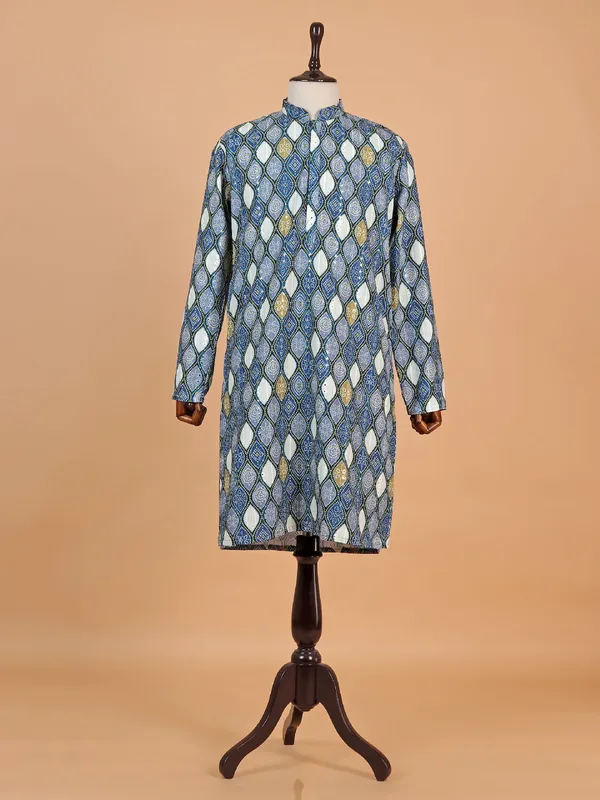 Bandhani print blue cotton kurta suit for men