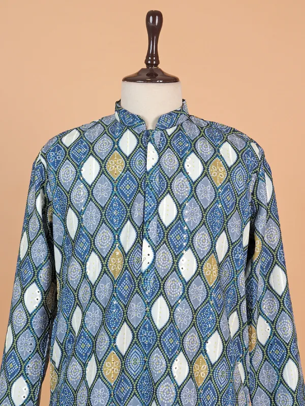 Bandhani print blue cotton kurta suit for men