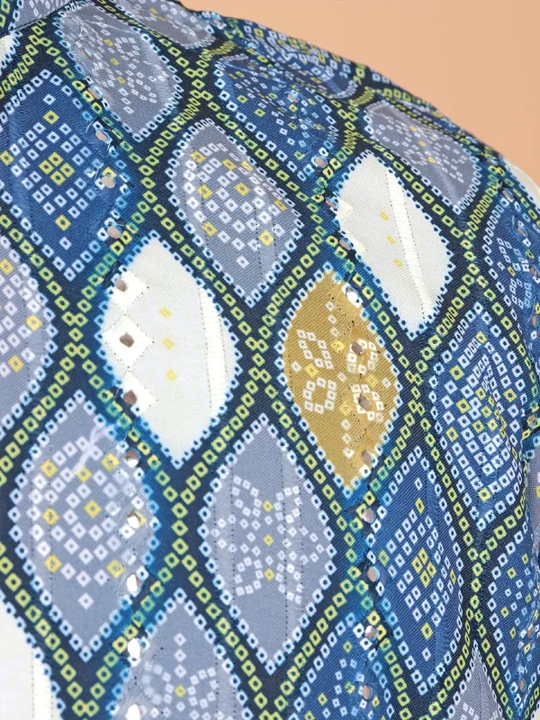 Bandhani print blue cotton kurta suit for men