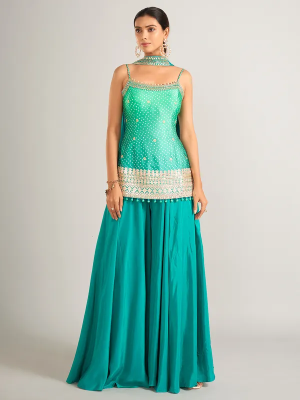 Bandhani print silk rama green palazzo salwar suit