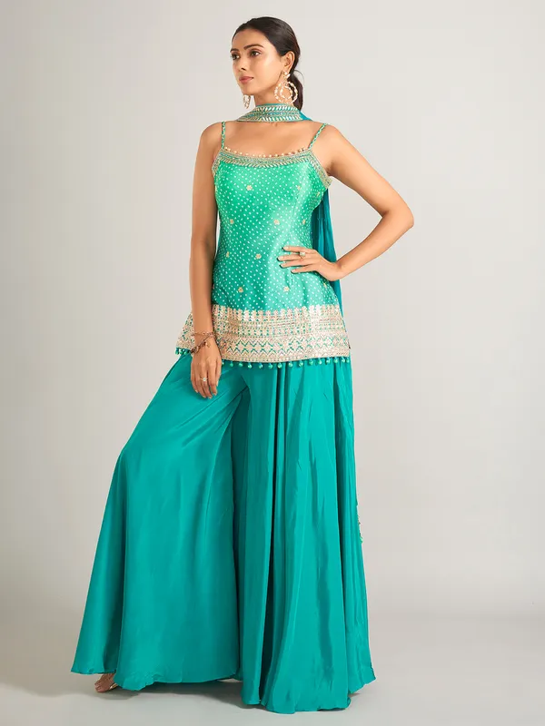 Bandhani print silk rama green palazzo salwar suit