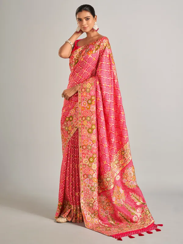 Bandhani printed pink silk saree