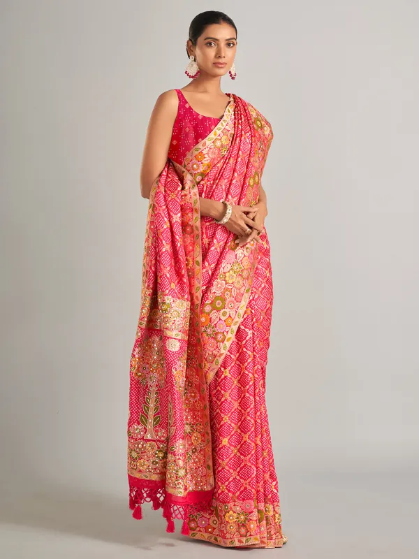 Bandhani printed pink silk saree