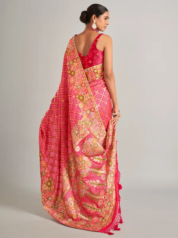 Bandhani printed pink silk saree